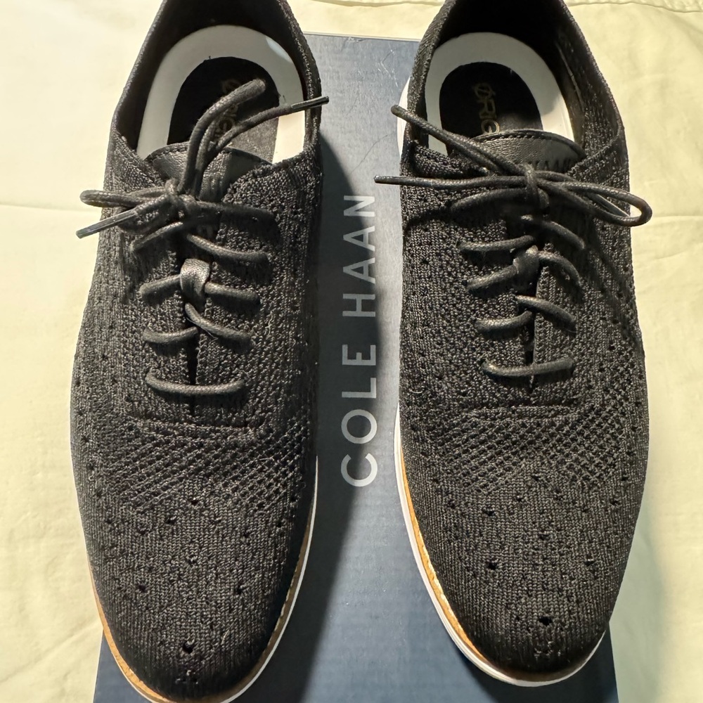Cole Haan Black Knit Lace-Up Oxfords with Tan Trim